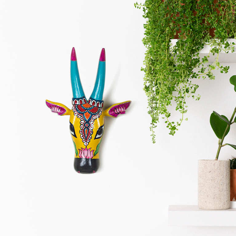 Handcrafted Wooden Nandi Bull Head Wall Decor (Yellow)