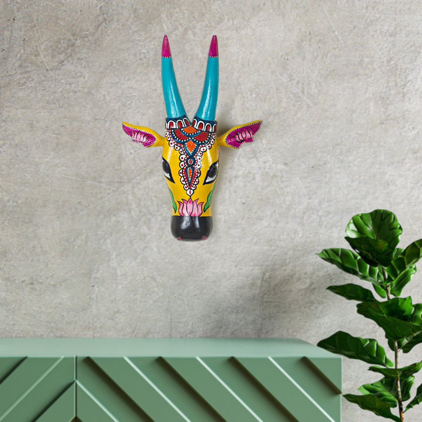 Handcrafted Wooden Nandi Bull Head Wall Decor (Yellow)