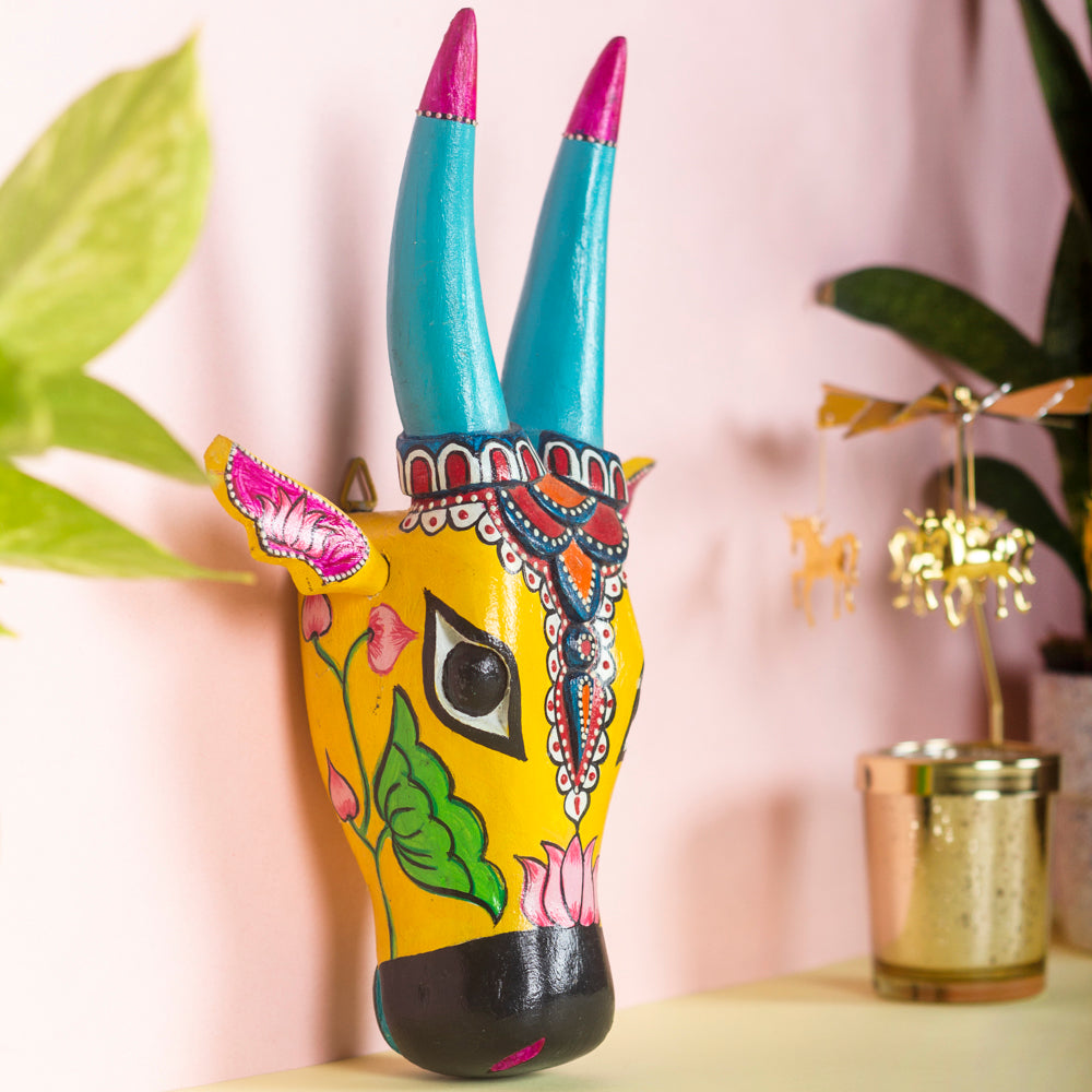 Handcrafted Wooden Nandi Bull Head Wall Decor (Yellow)