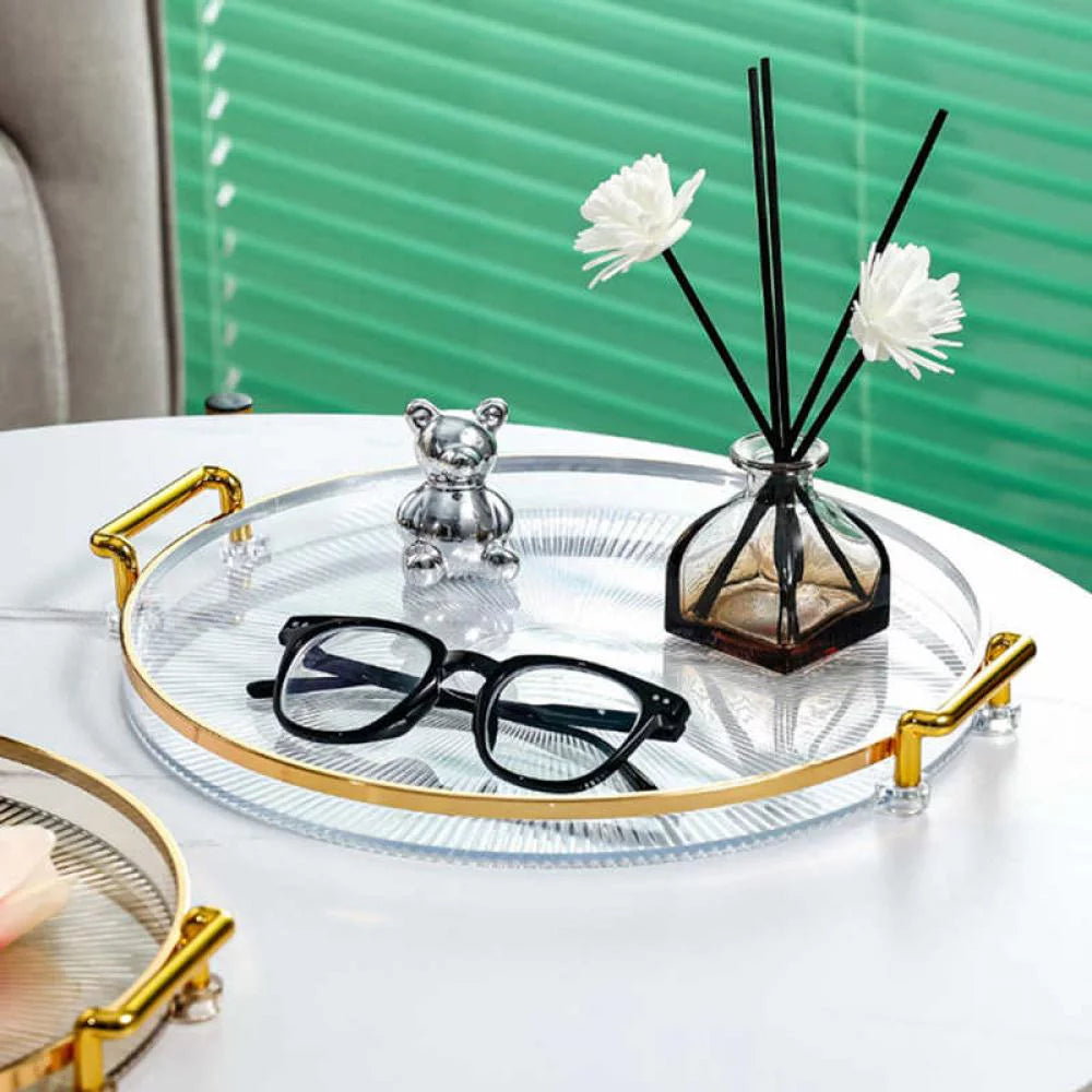 Round Decorative Tray, Plastic Tray with Handles, Modern Vanity Tray and Serving Tray for Ottoman, Coffee Table, Kitchen and Bathroom