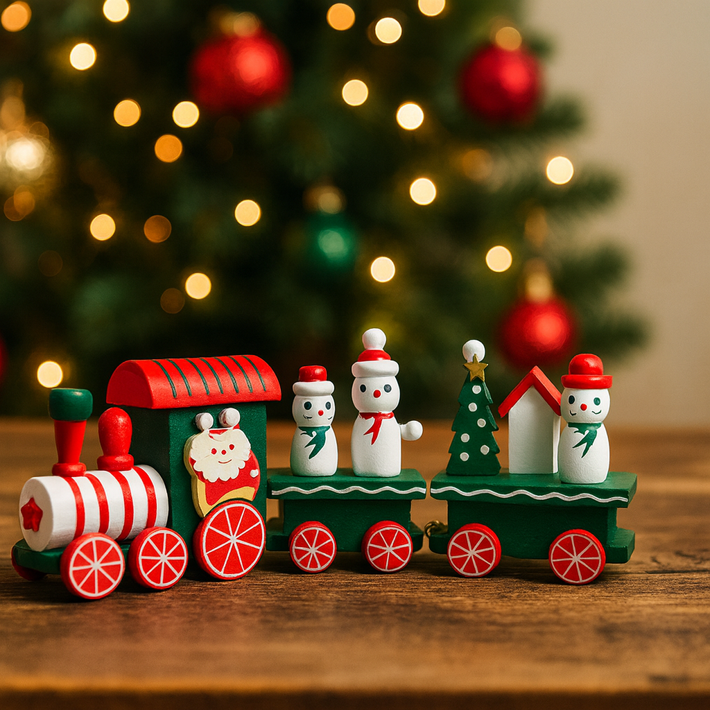 Coral Tree Wooden Christmas Mini Train Set – 24 cm Festive Tabletop Dé
