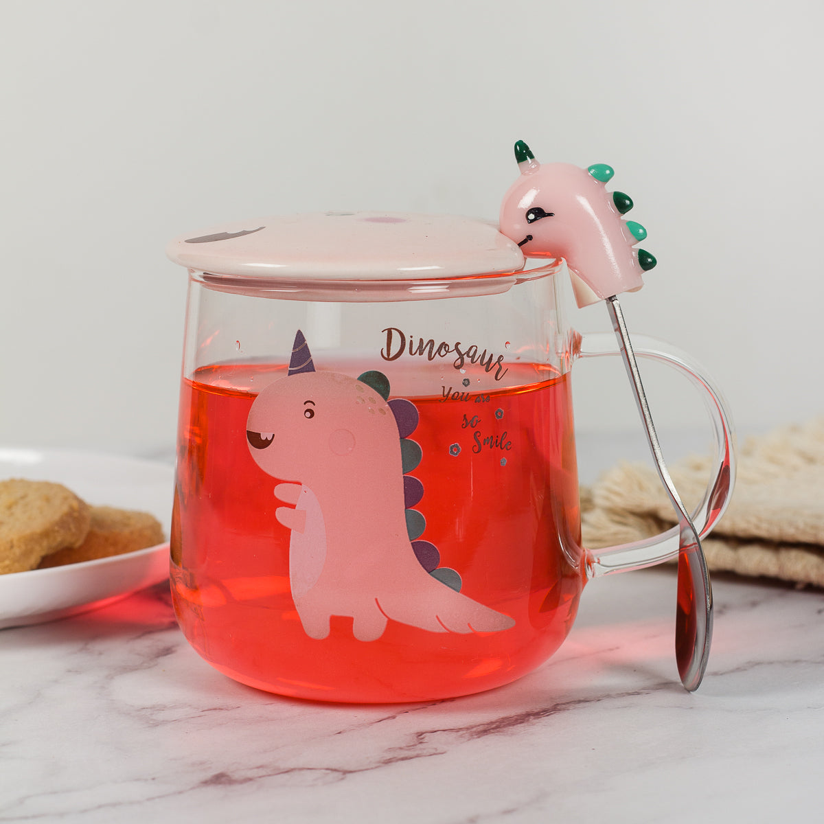 Dinosaur unicorn Glass Mug with lid and spoon-Pink