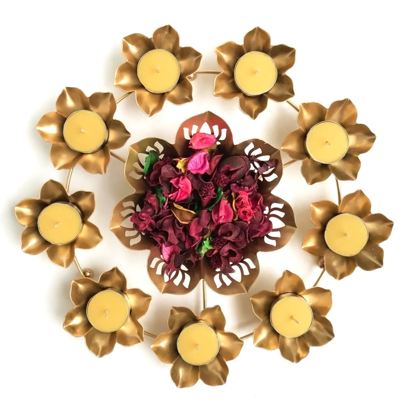 Gold Lotus Urli with 9 Tea Light Candle Holders