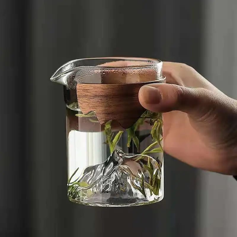 mountain glass cup with Wooden Grip
