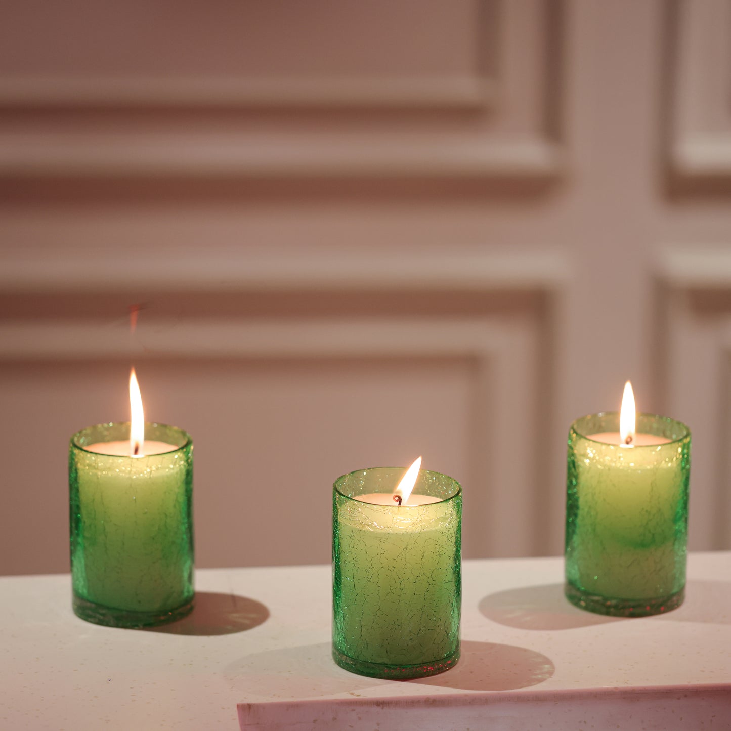 Green Crackle Glass Candle Set of 3