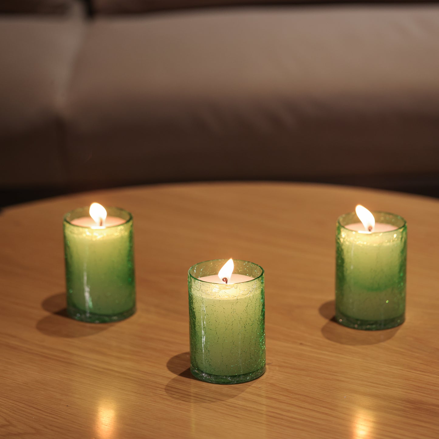 Green Crackle Glass Candle Set of 3