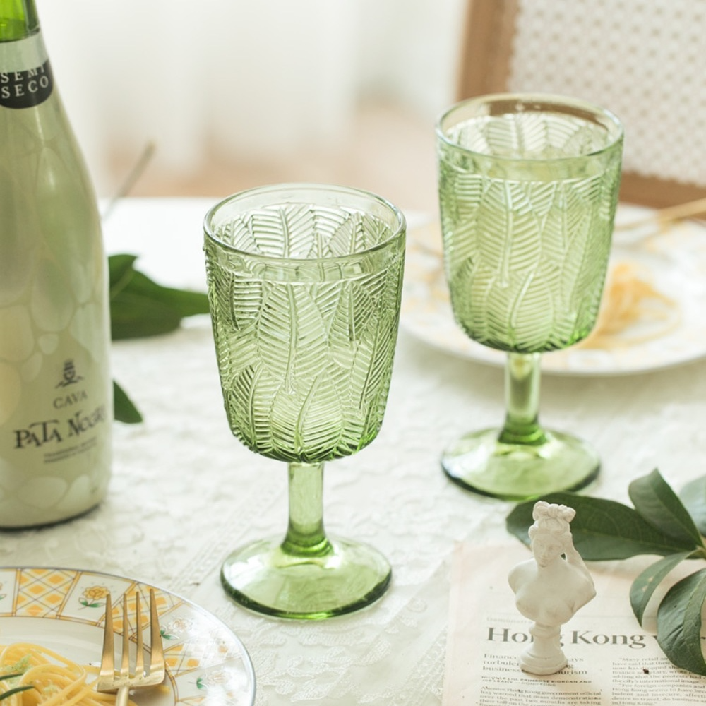 VINTAGE LEAF EMBOSSED WINE GLASS COMBO SET