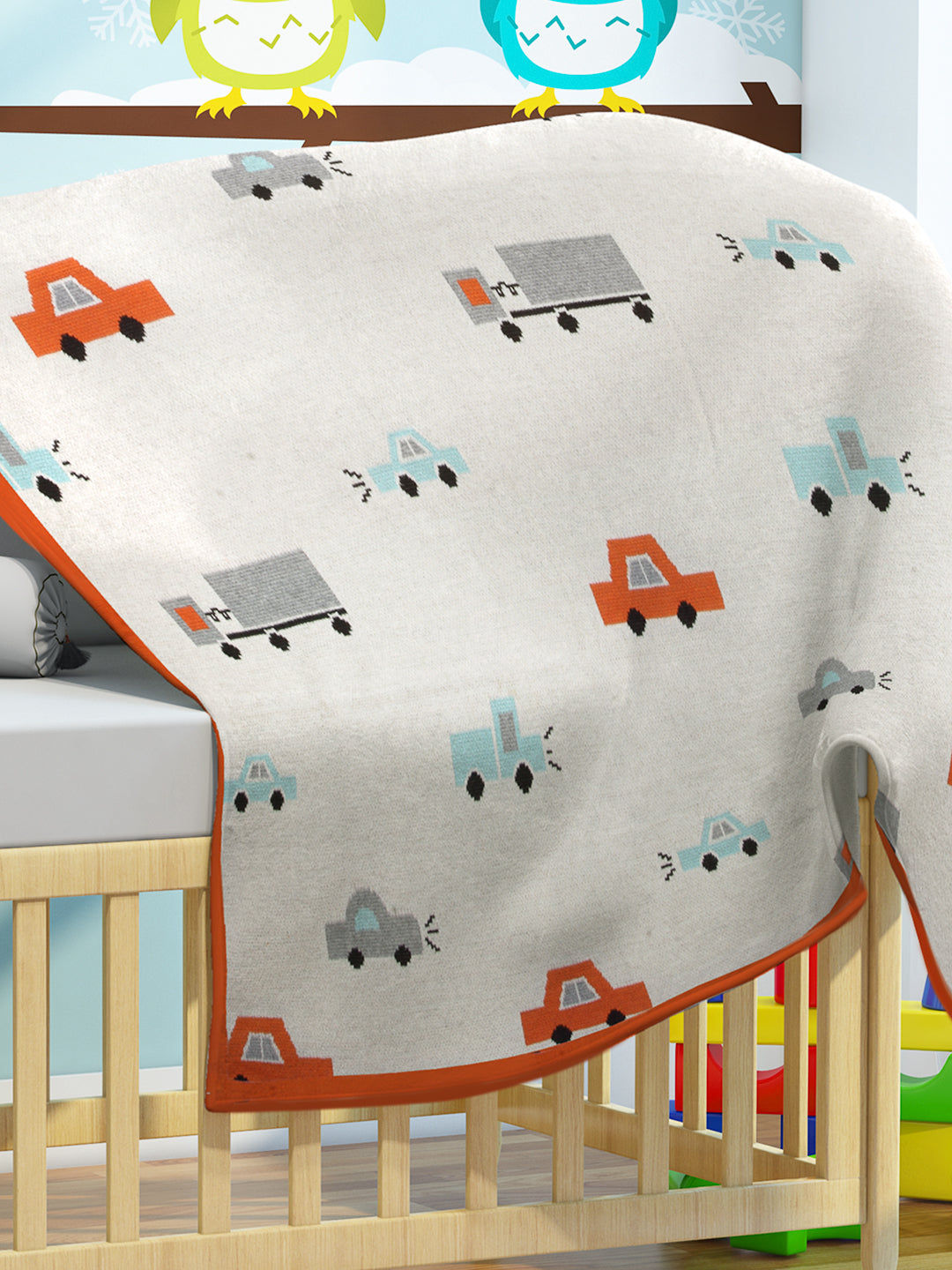 Car Stroll - Ivory, Bright Orange & Light Grey Melange Color Cotton Knitted Throw / AC Blanket for Kids / Teens for use in all Seasons - Coral Tree