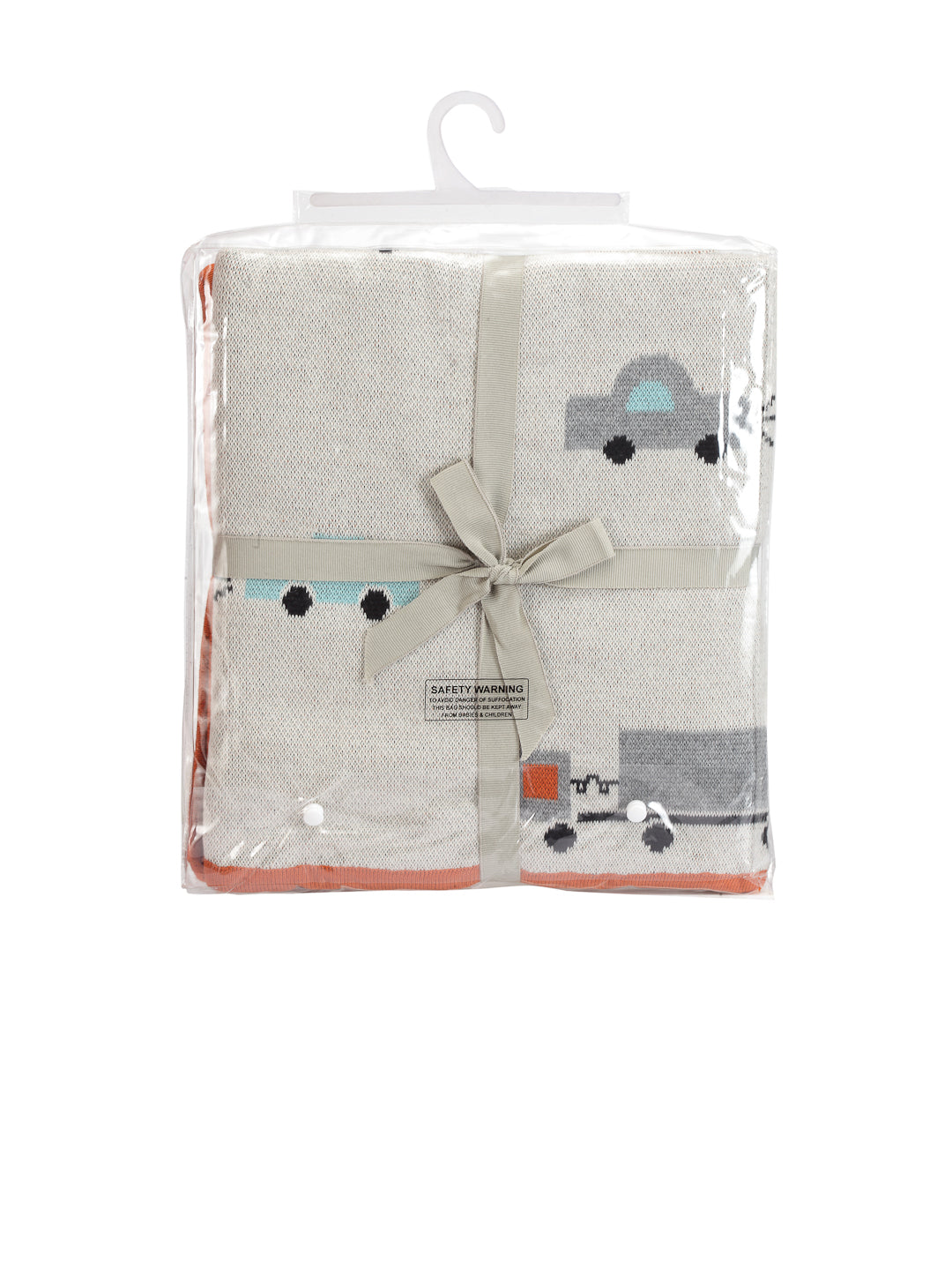Car Stroll - Ivory, Bright Orange & Light Grey Melange Color Cotton Knitted Throw / AC Blanket for Kids / Teens for use in all Seasons - Coral Tree