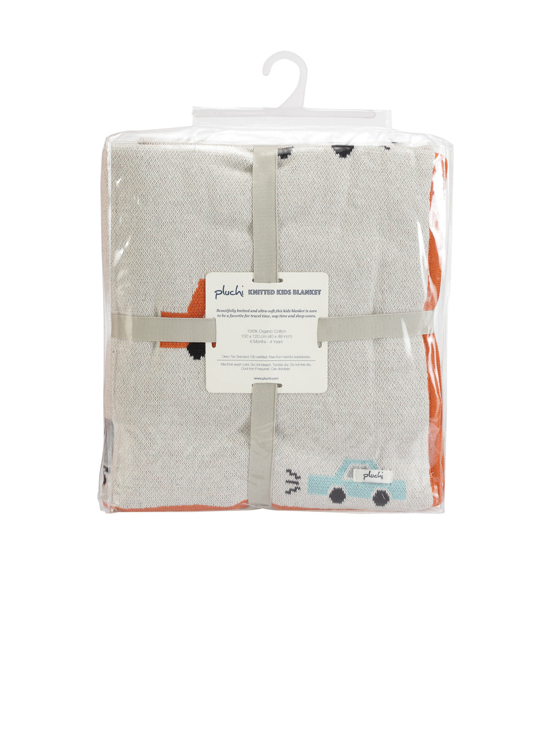 Car Stroll - Ivory, Bright Orange & Light Grey Melange Color Cotton Knitted Throw / AC Blanket for Kids / Teens for use in all Seasons - Coral Tree