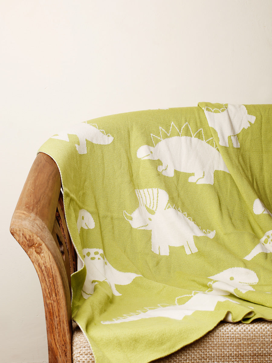 Stomping Lil Dinos - Med.Green & Ivory Cotton Knitted AC Blanket for Baby / Infant / New Born for use in all Seasons - Coral Tree