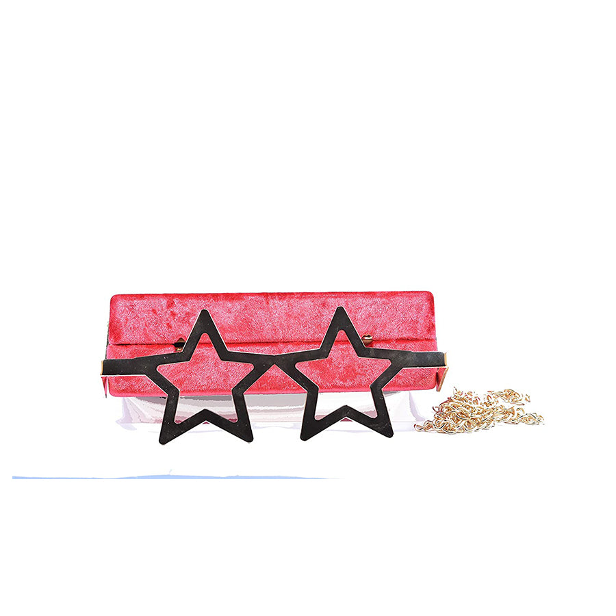 Coral Tree Designer Velvet Box Clutch Crossbody Sling Bag with Metal Star Spects Evening Handbag - Red - Coral Tree