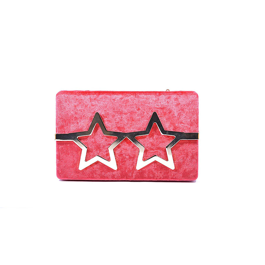 Coral Tree Designer Velvet Box Clutch Crossbody Sling Bag with Metal Star Spects Evening Handbag - Red - Coral Tree