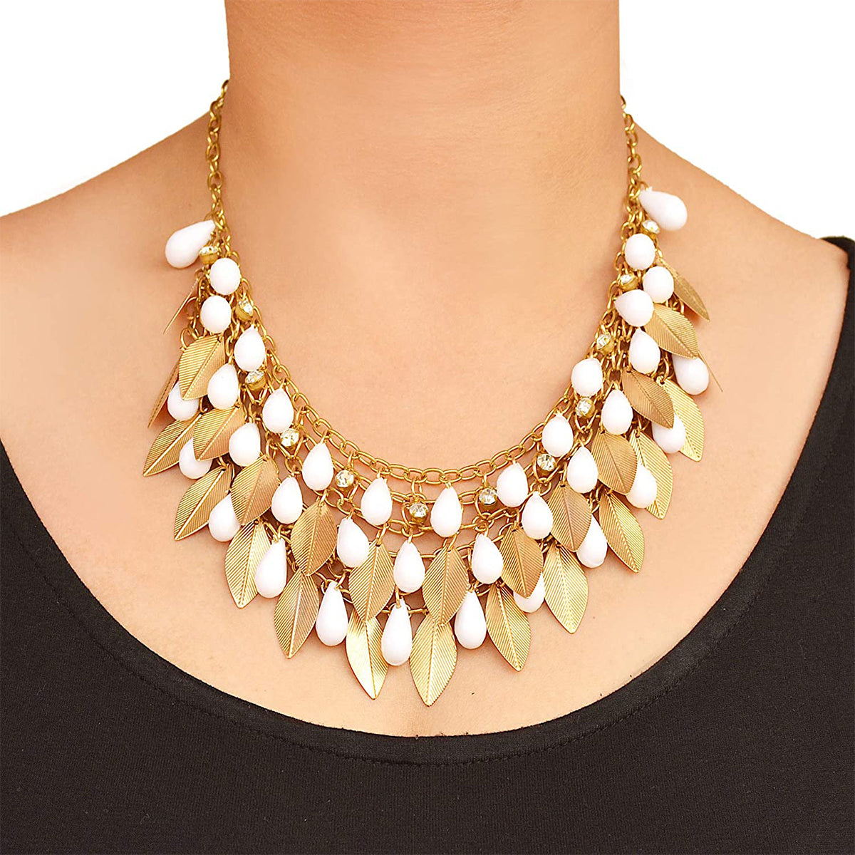 Golden Leaf Metal with Pearl Drop Necklace for Women - Coral Tree