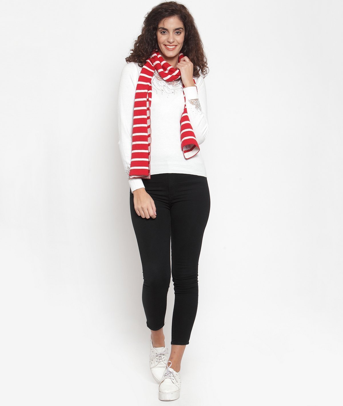 Red & Ivory Striped Cotton Knitted Scarf