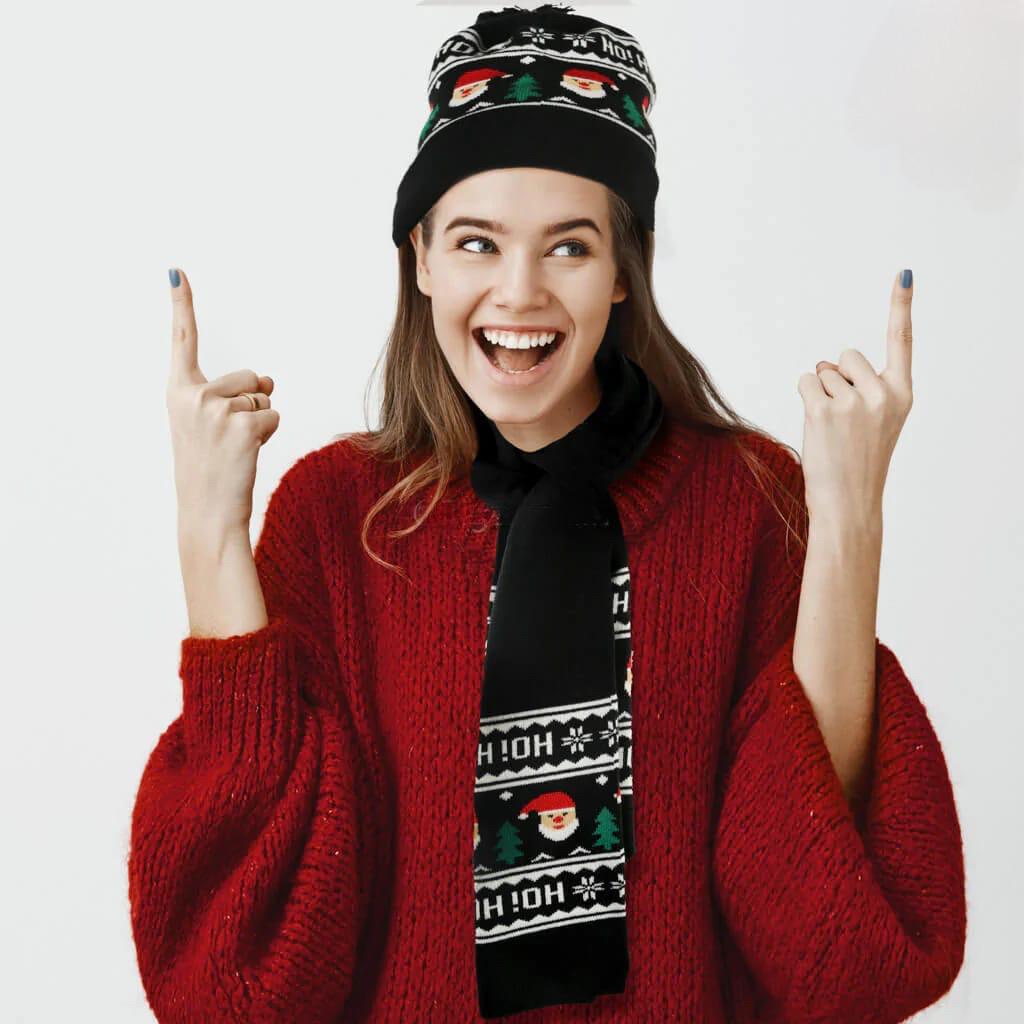 knitted Christmas scarf and cap set- Black