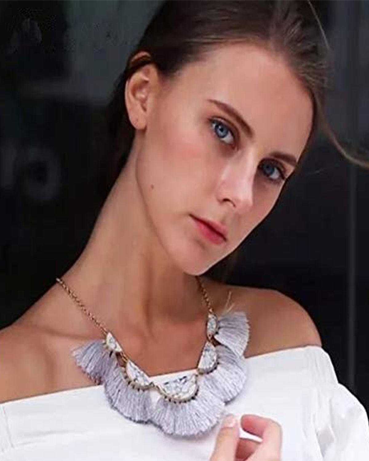 White Semi Circle Marble Necklace with Thread Tassels Jewellery for Women - Coral Tree