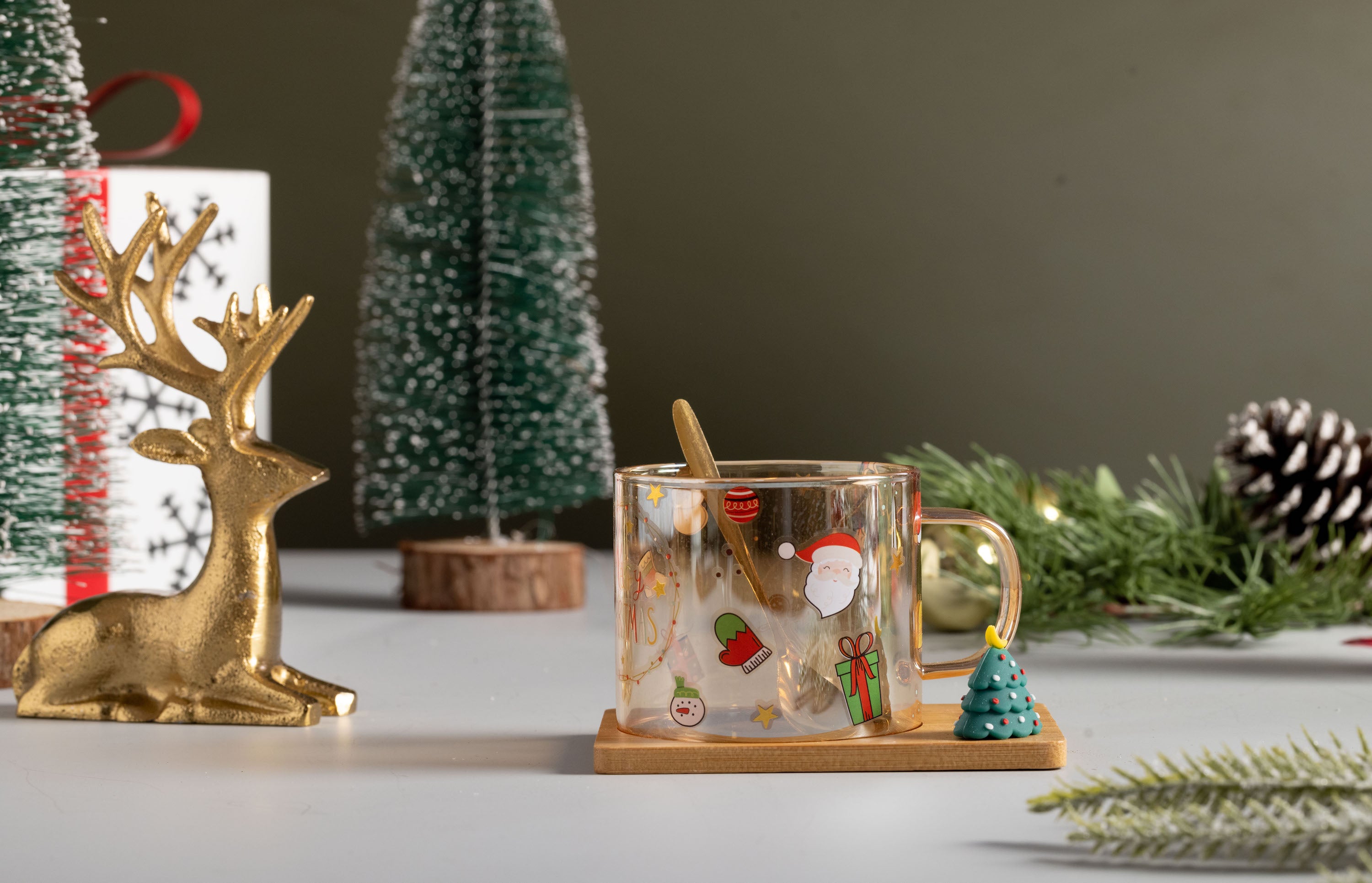 Glass Tea Cup with Wooden Plate and spoon