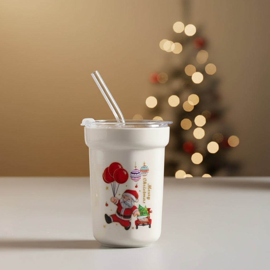 Christmas ceramic sipper with glass straw