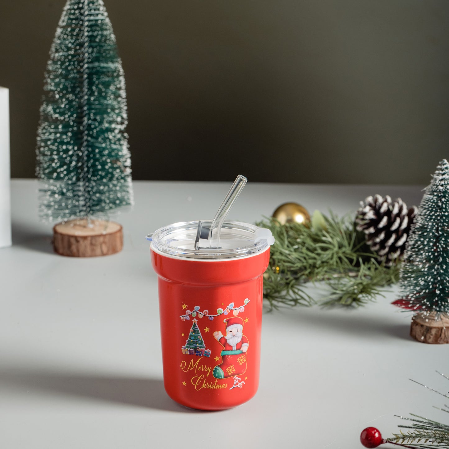 Christmas ceramic sipper with glass straw