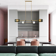 Modern Brass Linear Chandelier with Smoked Glass Shades & Globe Accent Lights | E-27 & G9 Holder Decorative Hanging Light for Dining Room, Kitchen Island & Living Space