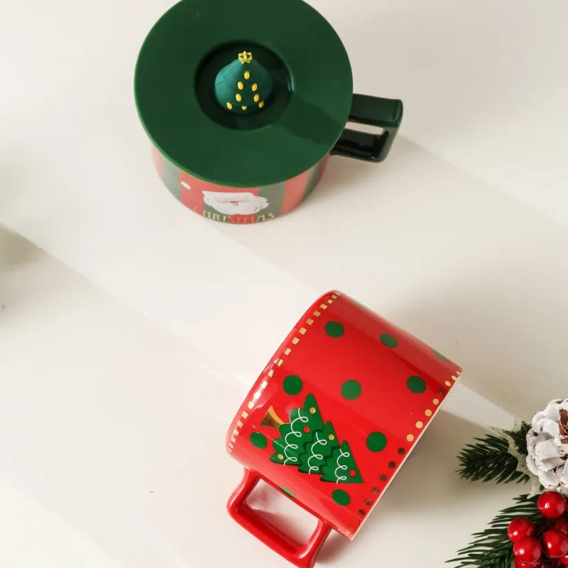 Christmas Ceramic Mug Set with 3D Lid – 300ml Festive Mug with Silicone Lid - RED