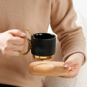 Porcelain Coffee Cup and Saucer Set with wooden tray