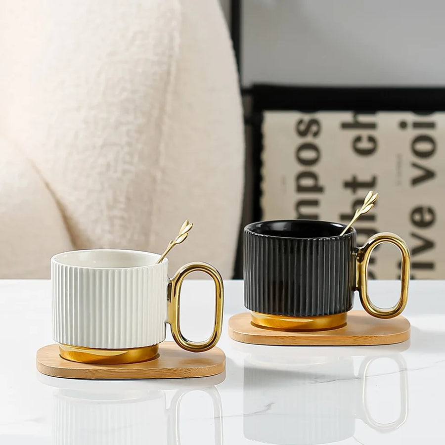 Porcelain Coffee Cup and Saucer Set with wooden tray