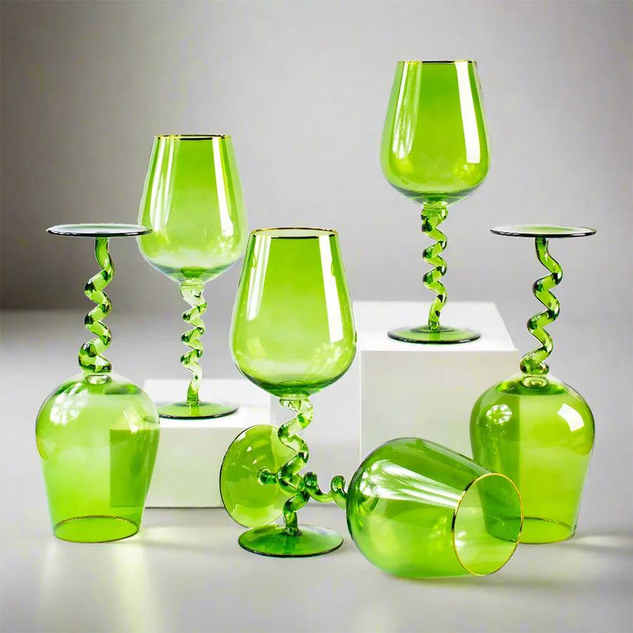 Coral Tree Green Twisted Stem Wine Glass Set of 2 | Designer Goblet | 550 ml