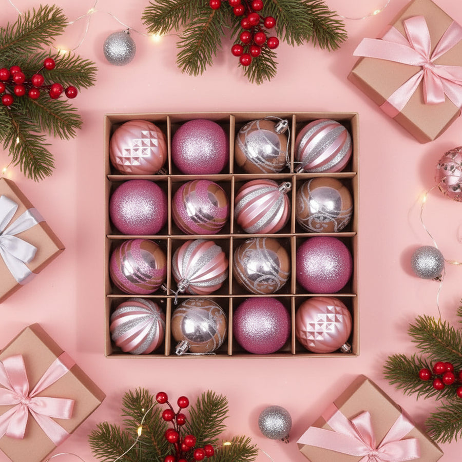 16-Piece Pink & Silver Christmas Tree Hanging Ball Set