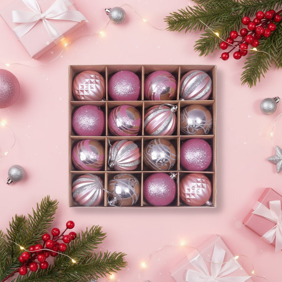 16-Piece Pink & Silver Christmas Tree Hanging Ball Set