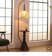 Coral Tree Modern Floor Lamp with Built-in Side Table | Wooden Finish | Fabric Pleated Shade | Ambient Living Room & Bedroom Standing Lamp