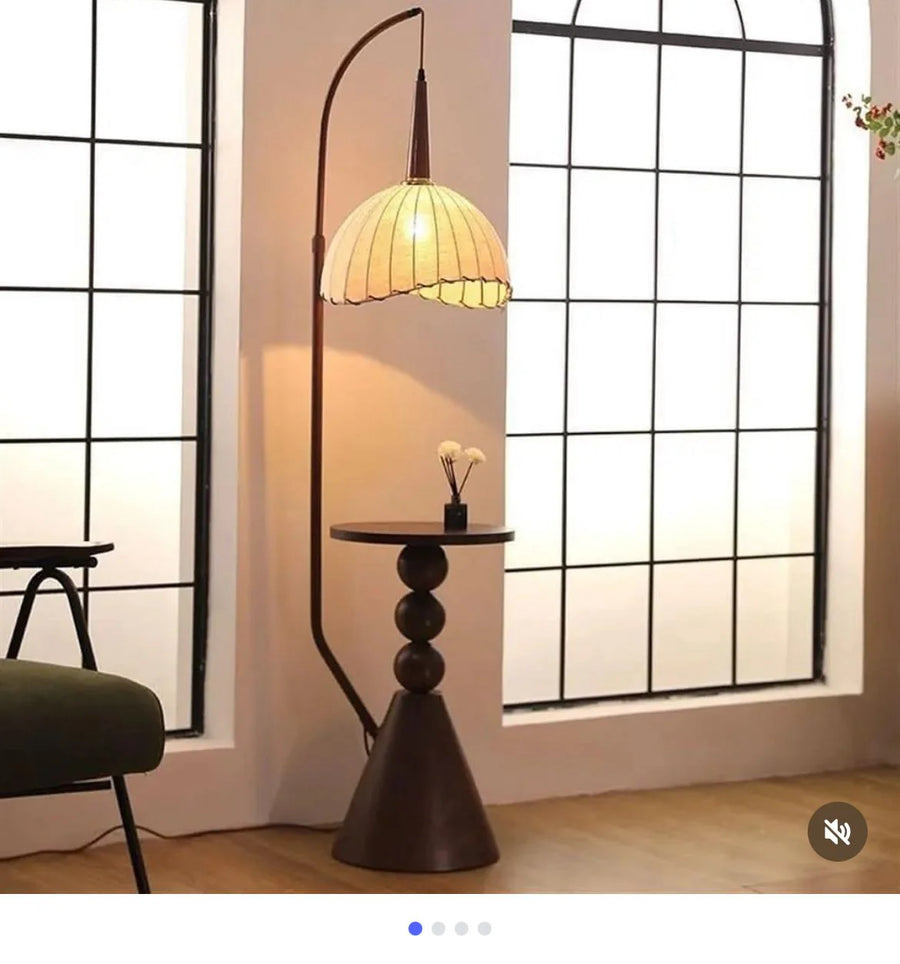 Coral Tree Modern Floor Lamp with Built-in Side Table | Wooden Finish | Fabric Pleated Shade | Ambient Living Room & Bedroom Standing Lamp