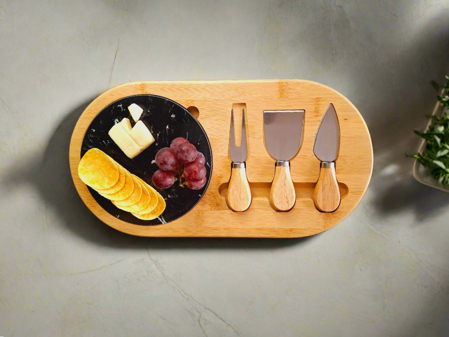 Wooden Cheese Platter Set With Marble Board And Cheese Cutlery Style 2