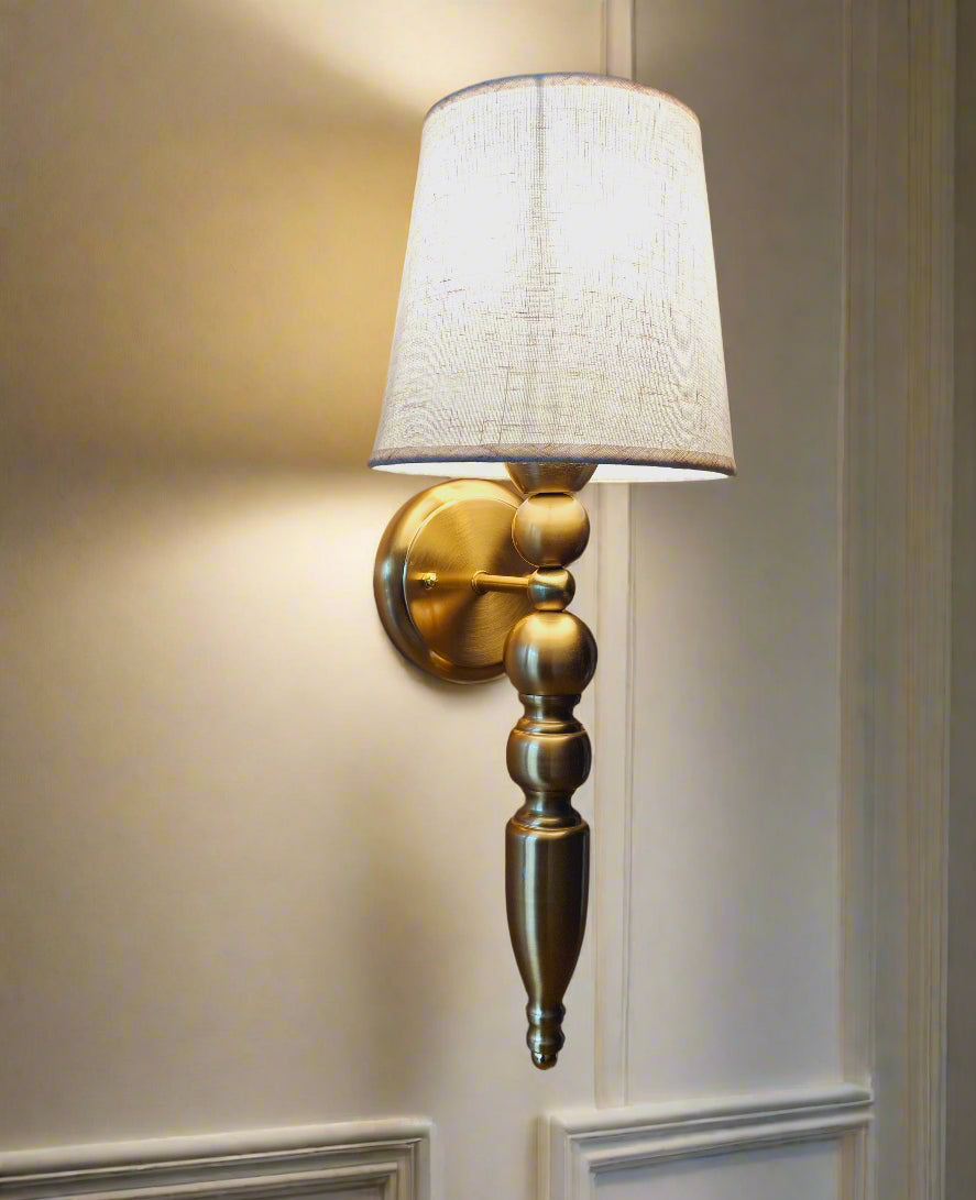 Golden Antique Finish Wall Lamp with Off White Cotton Fabric Shade