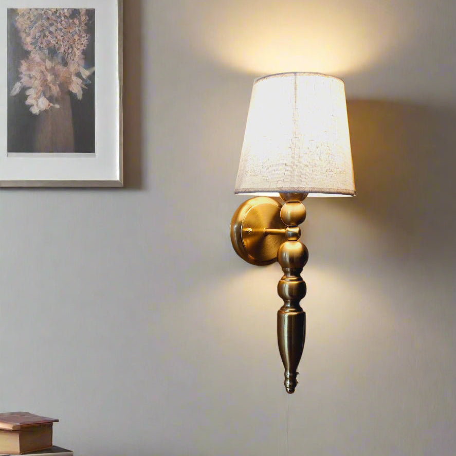 Golden Antique Finish Wall Lamp with Off White Cotton Fabric Shade