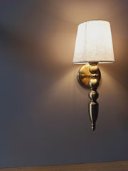 Golden Antique Finish Wall Lamp with Off White Cotton Fabric Shade