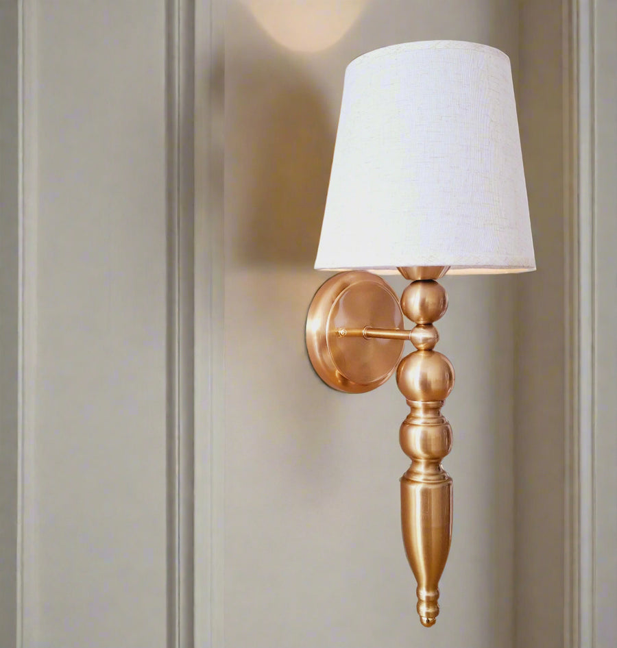 Golden Antique Finish Wall Lamp with Off White Cotton Fabric Shade