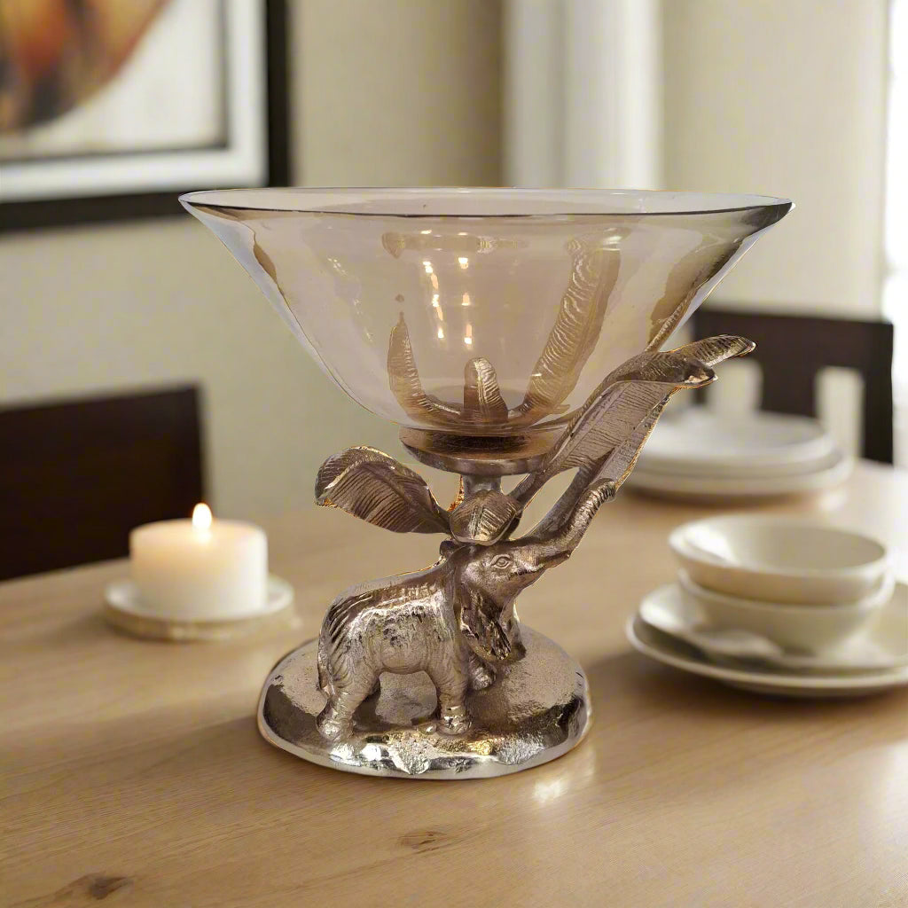Luxury Elephant Design Decorative Glass Bowl with Antique Gold Finish