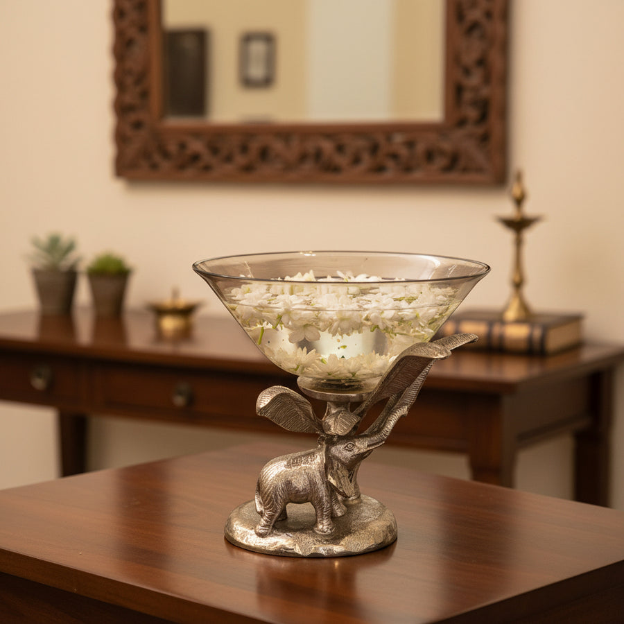 Luxury Elephant Design Decorative Glass Bowl with Antique Gold Finish