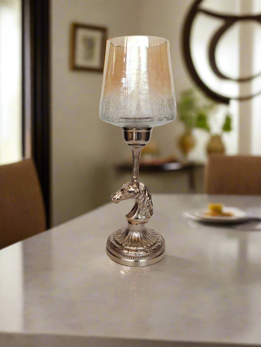 Luxury Tall Horse Head Decorative Candle Holder with Crackle Glass Shade