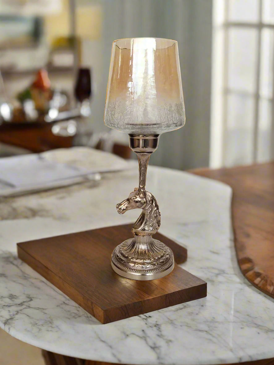 Luxury Tall Horse Head Decorative Candle Holder with Crackle Glass Shade