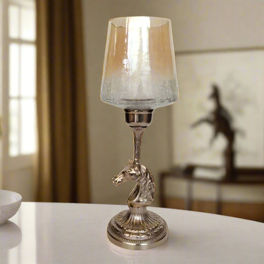 Luxury Tall Horse Head Decorative Candle Holder with Crackle Glass Shade