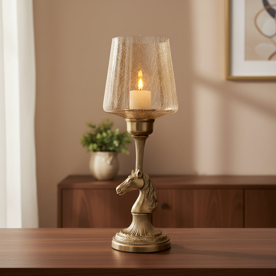 Luxury Tall Horse Head Decorative Candle Holder with Crackle Glass Shade