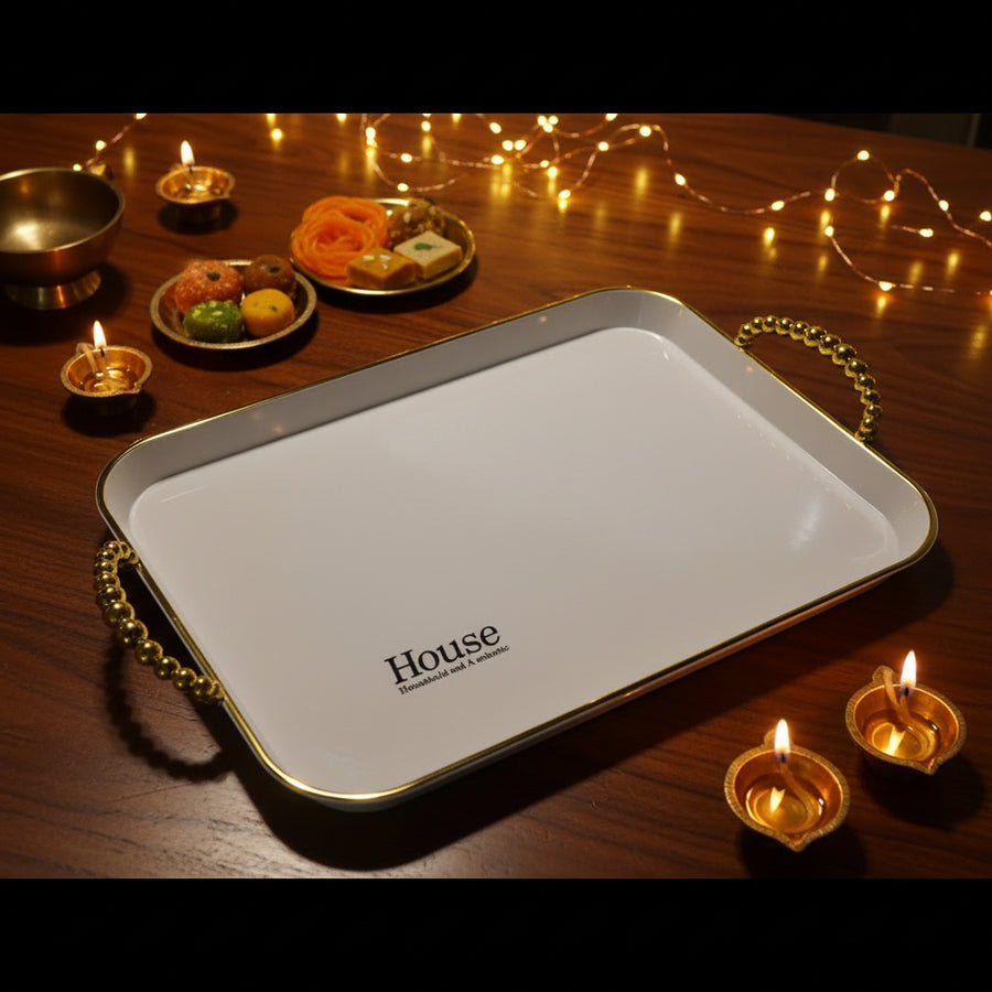 set of 3 off- White & Gold Rectangular Serving Tray