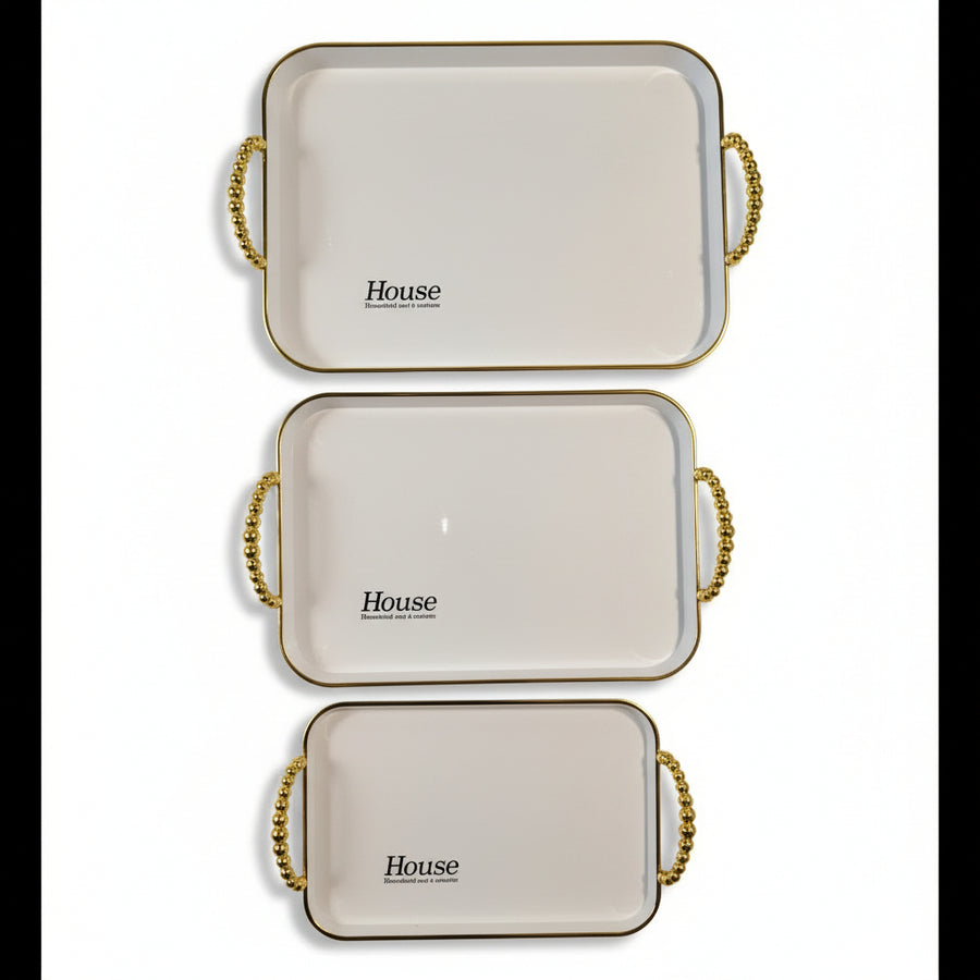 set of 3 off- White & Gold Rectangular Serving Tray