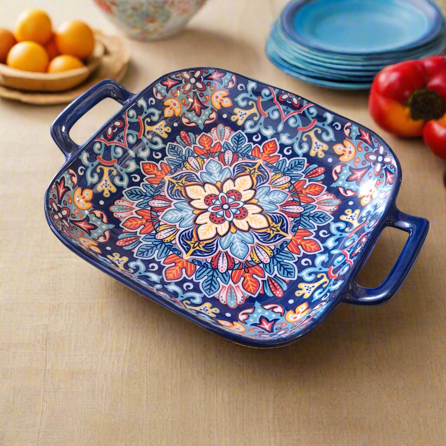 Hand-Painted Ceramic Serving Plate with Dual Handles – 18 x 18 x 5 cm | Mediterranean Floral Design | Multi-Purpose Bake & Serve Dish