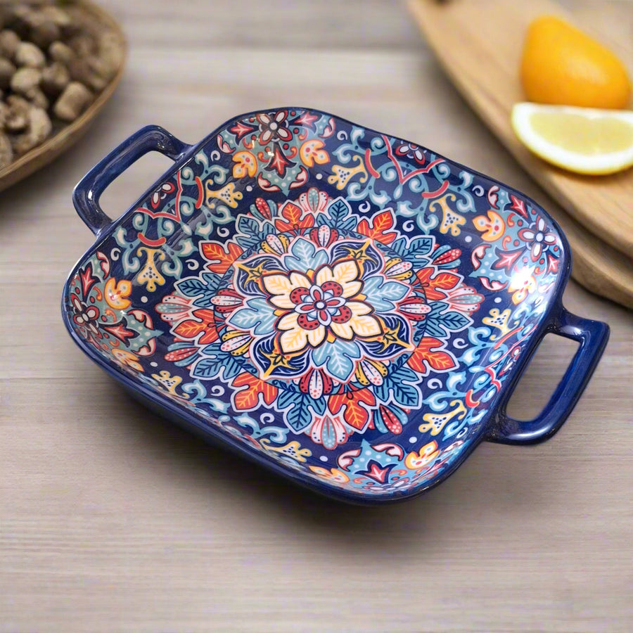 Hand-Painted Ceramic Serving Plate with Dual Handles – 18 x 18 x 5 cm | Mediterranean Floral Design | Multi-Purpose Bake & Serve Dish