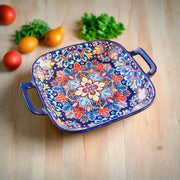 Hand-Painted Ceramic Serving Plate with Dual Handles – 18 x 18 x 5 cm | Mediterranean Floral Design | Multi-Purpose Bake & Serve Dish