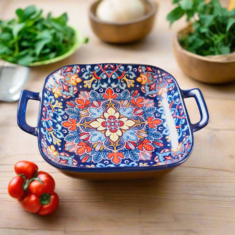 Hand-Painted Ceramic Serving Plate with Dual Handles – 18 x 18 x 5 cm | Mediterranean Floral Design | Multi-Purpose Bake & Serve Dish